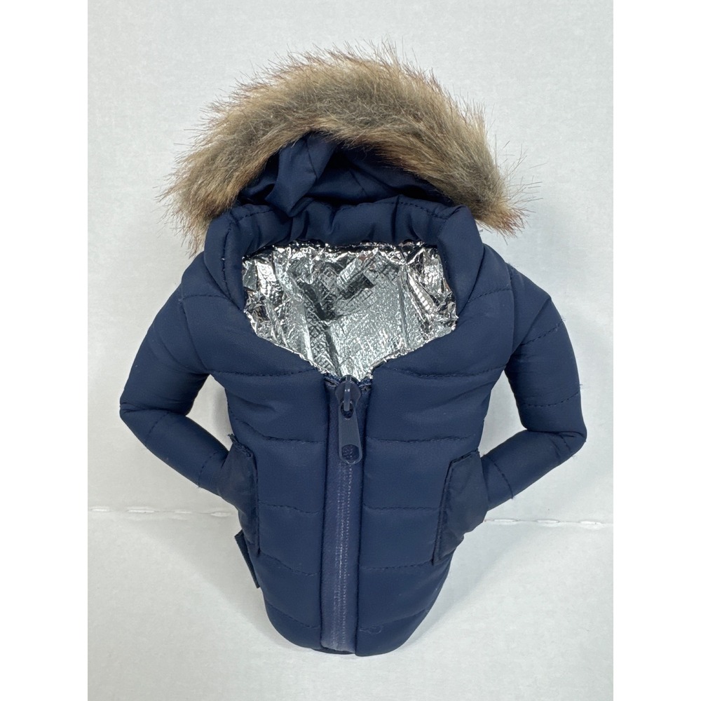Puffin Beverage Sleeping Bag Can Cooler Navy Blue Puffer Jacket Faux Fur Hood